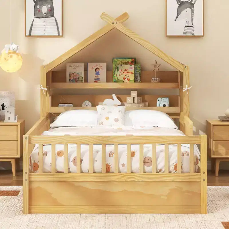 Lit cabane en bois ModernLuxe pour 1 ou 2 personnes avec tête de lit avec rangement, cadre de lit pour enfants en pin massif avec barrières de sécurité