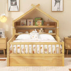 Lit cabane en bois ModernLuxe pour 1 ou 2 personnes avec tête de lit avec rangement, cadre de lit pour enfants en pin massif avec barrières de sécurité