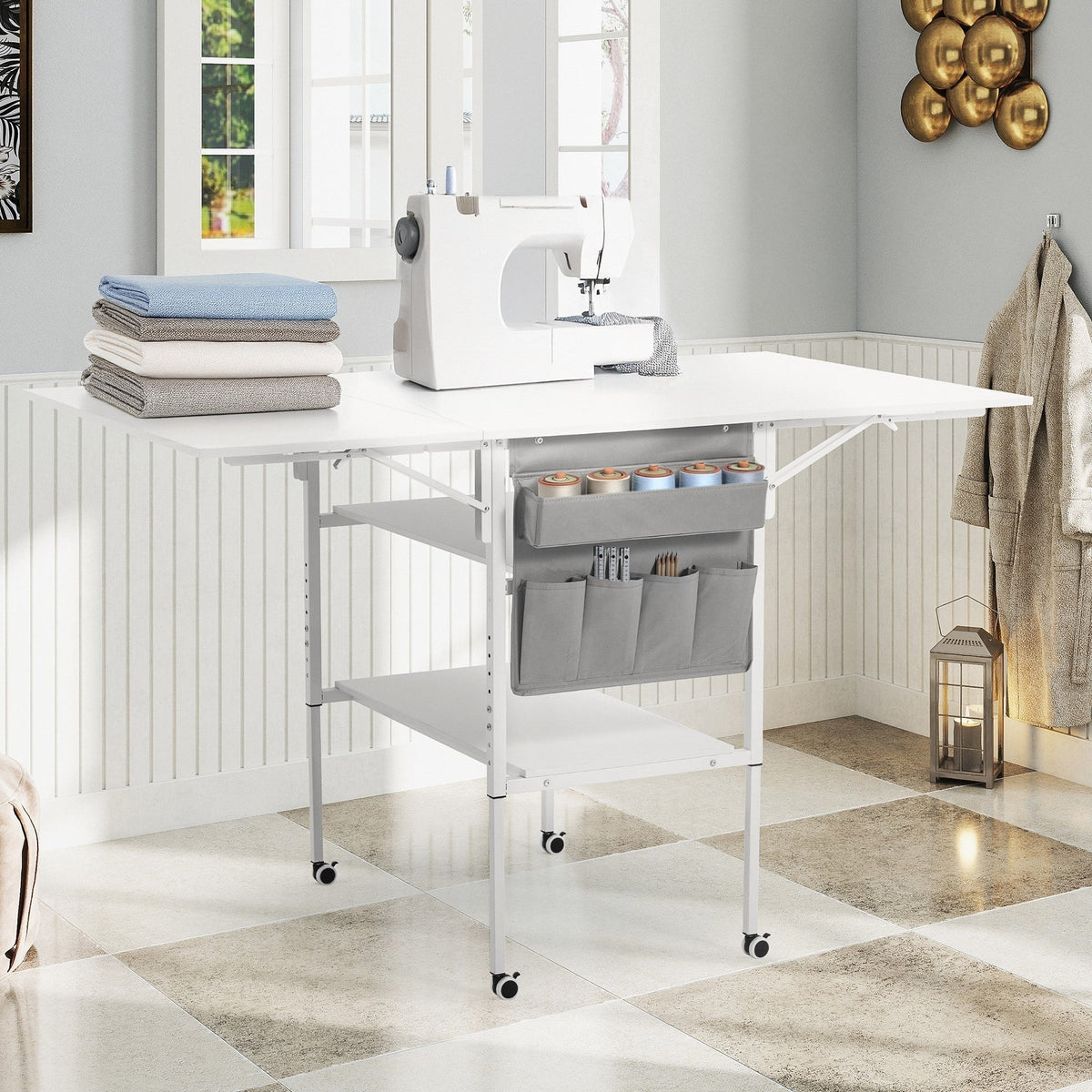 Table de bricolage réglable en hauteur avec étagères de rangement, table de découpe pliante mobile pour bureau à domicile, salle de couture ou atelier créatif