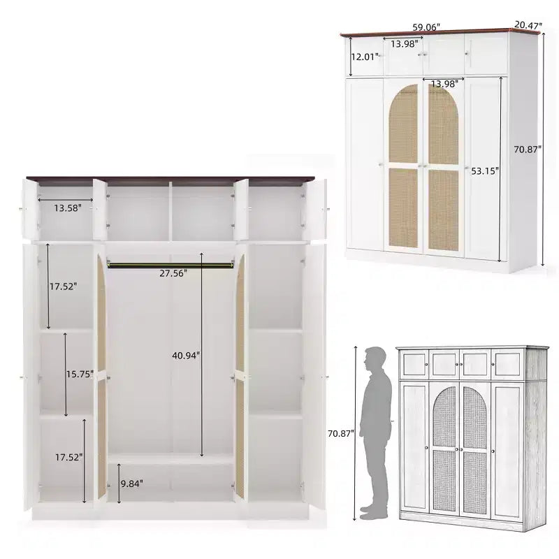 Armoire-penderie haute de 70,87 pouces à 8 portes, grande capacité, avec tringle, étagères réglables et portes décoratives en rotin