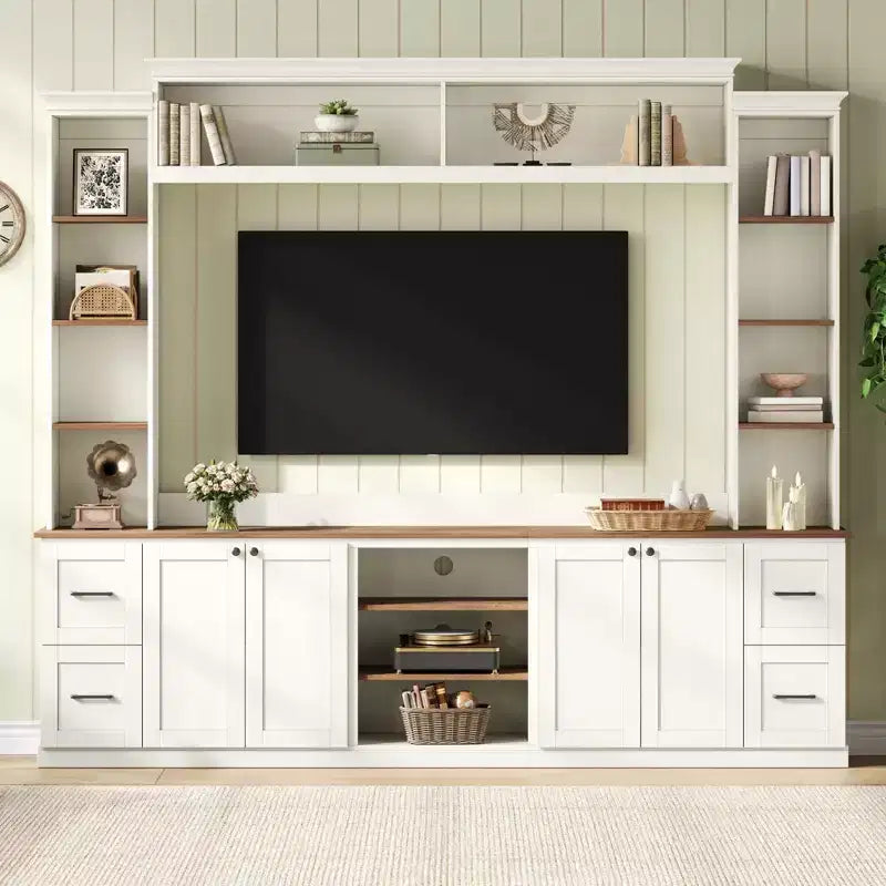 ModernLuxe 4-in-1-Farmhouse-Entertainment-Center als Wandeinheit, passend für Fernseher bis 70, TV-Ständer und Medienkonsole mit verstellbaren Regalen und Schubladen