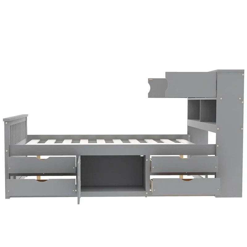 Lit plateforme de capitaine Twin/Full avec 4 tiroirs et étagères de rangement, structure en bois massif avec tête de lit bibliothèque et rangements