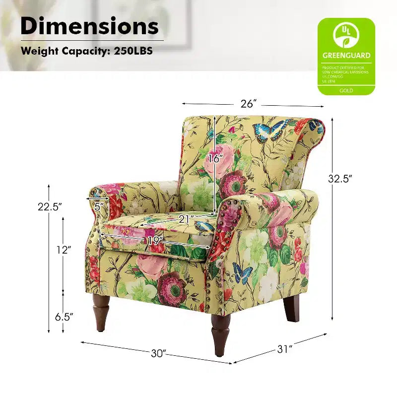 Fauteuil traditionnel Araceli en bois, rembourré à motif floral, avec dossier à oreilles et bordure cloutée| ART OF LIVING DESIGNS