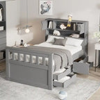 Lit plateforme de capitaine Twin/Full avec 4 tiroirs et étagères de rangement, structure en bois massif avec tête de lit bibliothèque et rangements