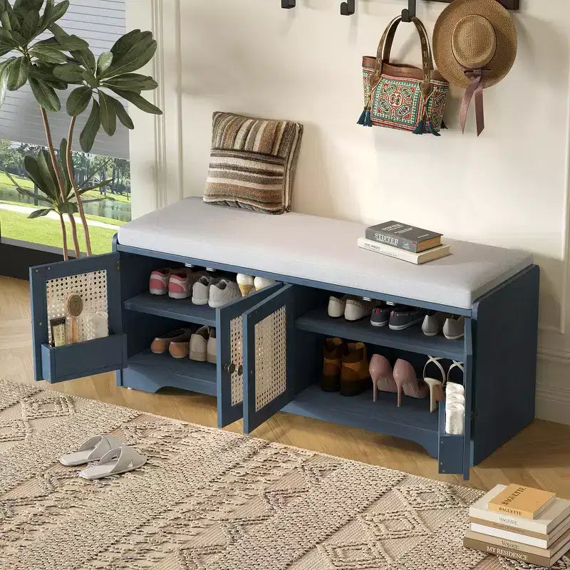 Banc de rangement rustique en bois Whisen, banc à chaussures pour entrée avec coussin amovible et étagères réglables