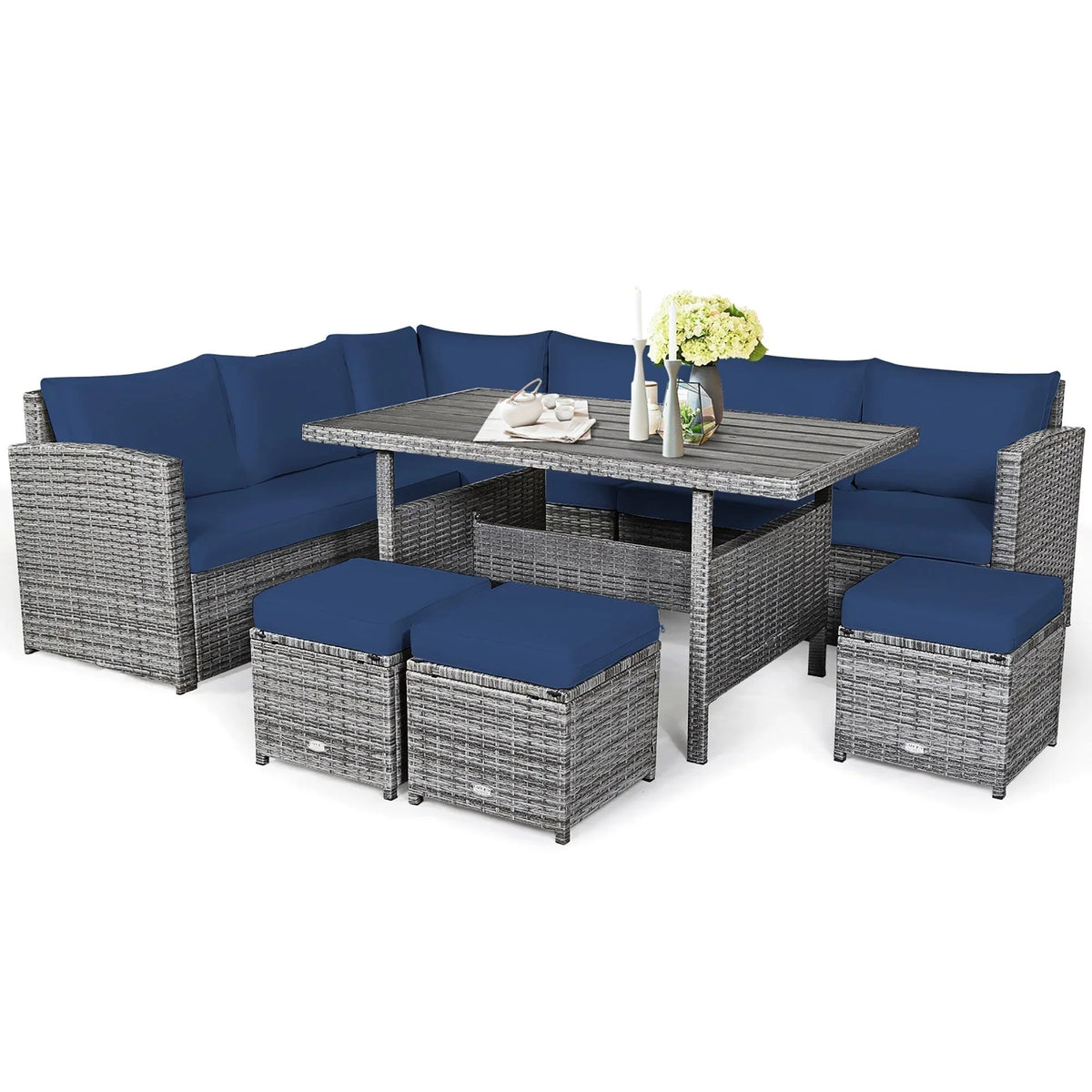Costway Ensemble repas de jardin en rotin de 7 pièces, canapé d’angle, canapé et pouf — Voir les détails
