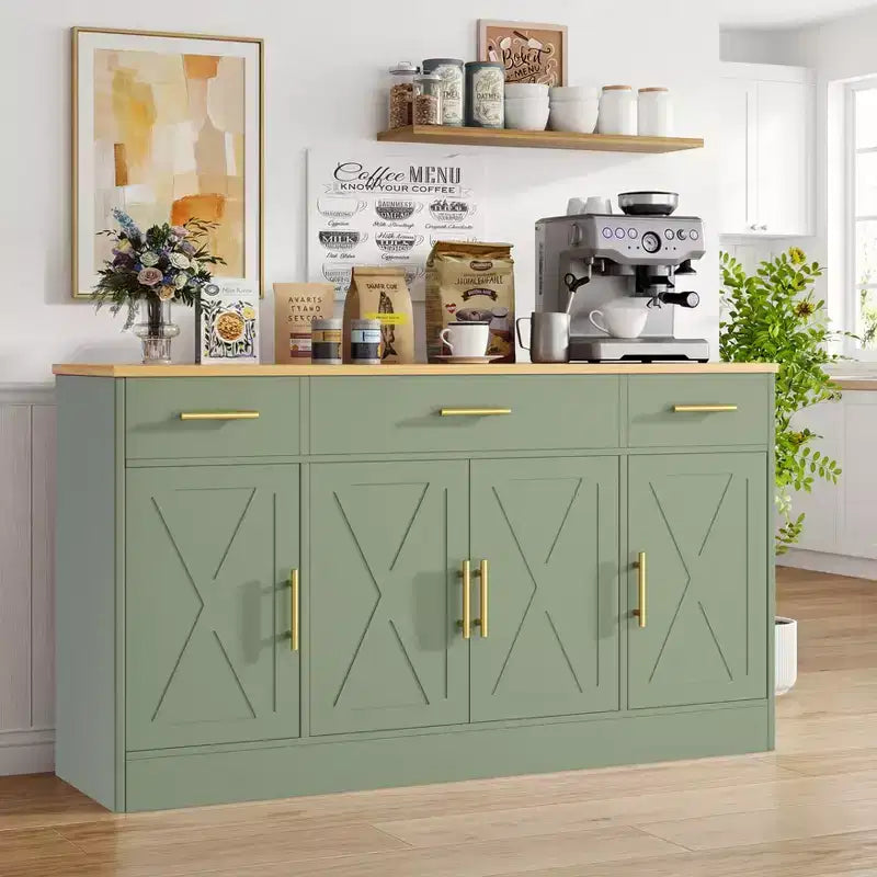 Buffet de rangement Celebalcony, grand meuble de cuisine de 53,4 pouces avec 3 tiroirs et 4 portes, étagère réglable pour la cuisine et le salon
