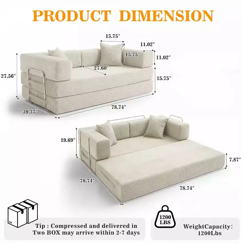 Dyonery 78Folding Sofa Bed Convertable Corduroy Couch King Size Floor Sleeper 4-in-1 DIY Combination Modular Sofa Fold Out Comfy sofa.