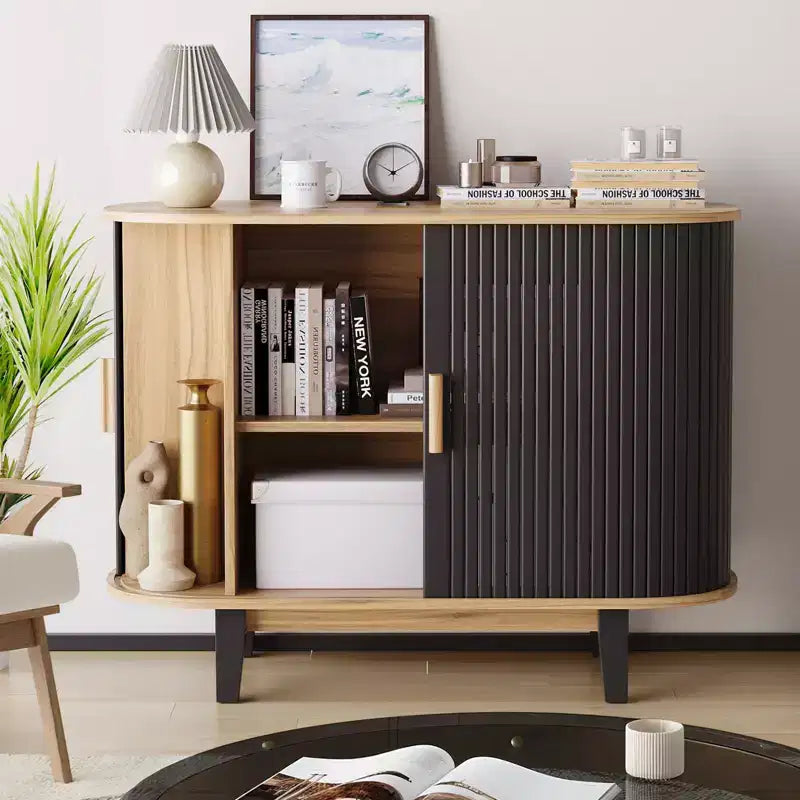 Geribbeld dressoir van 40 inch, opbergkast met schuifdeur en verstelbare plank, moderne credenza-opbergkast, bartafel met roldeur
