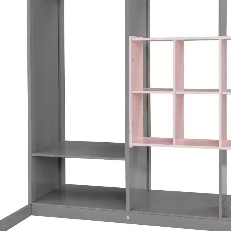 Kinder-Hochbett mit Kleiderschrank und Regalen, Hochbettgestell aus Holz mit Stauraumschrank für Kinder und Jugendliche