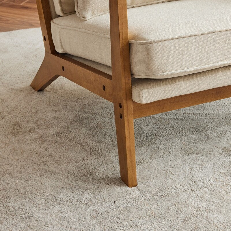 Polster-Sessel aus Leinenmischgewebe mit Holzbeinen und einem Kissen, Beige