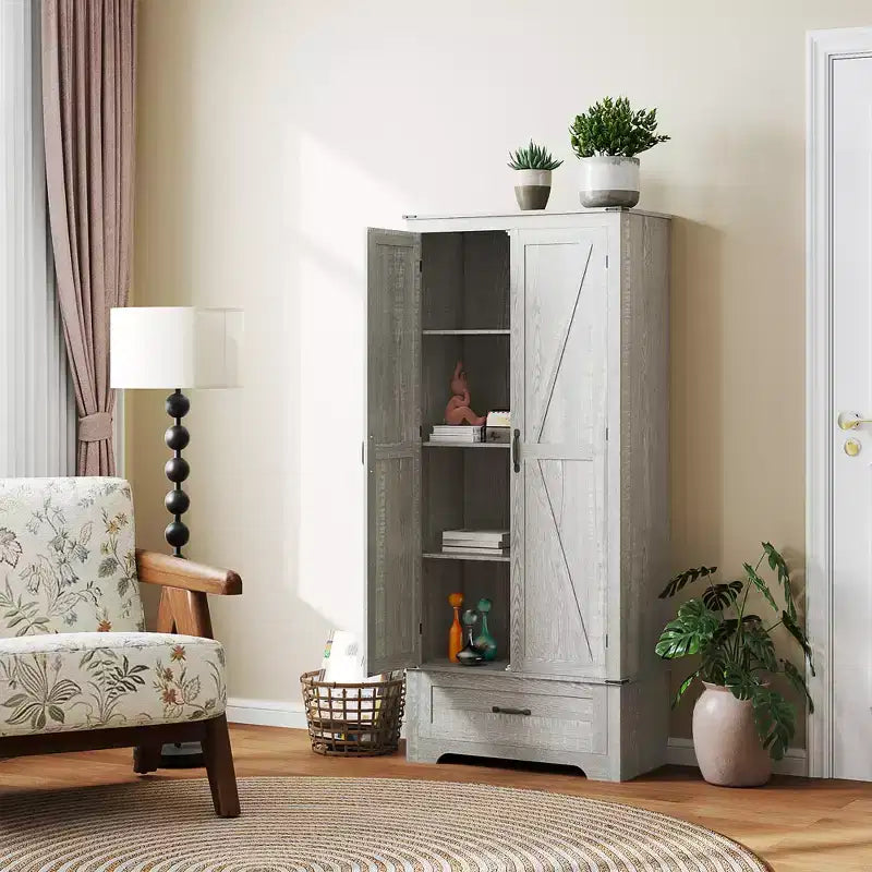 HOMCOM 72 Landhaus-Speisekammernschrank mit Scheunentüren, hoher Küchenschrank mit verstellbaren Einlegeböden und Schublade
