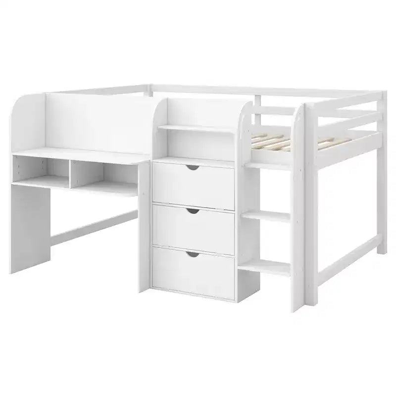 Laag stapelbed in roze/wit met bureau, opbergruimte en whiteboard - C voor 1 persoon, eenpersoonsbed