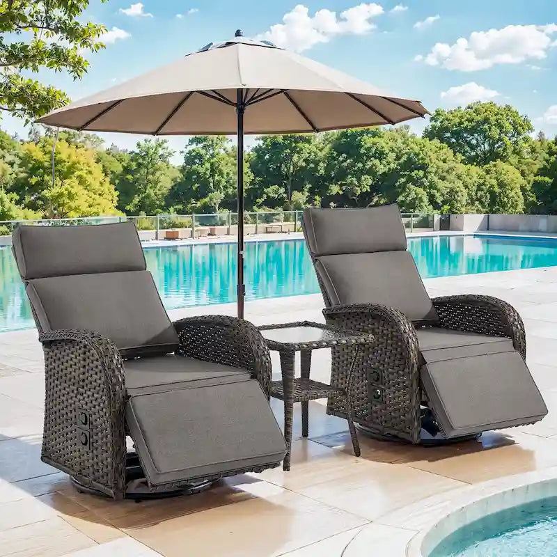 Pocassy 3-teiliges, vielseitiges Outdoor-Liegestuhl-Set mit Beistelltisch und grauem Polster