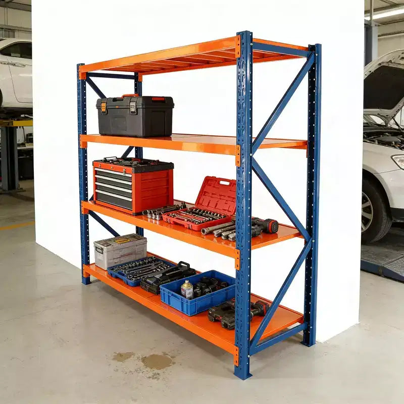 Étagères de garage robustes VIYET, rayonnage métallique réglable à 4 niveaux d’une capacité de 4 400 lb, rangement industriel bleu et orange pour magasin commercial, outils et salle de sport