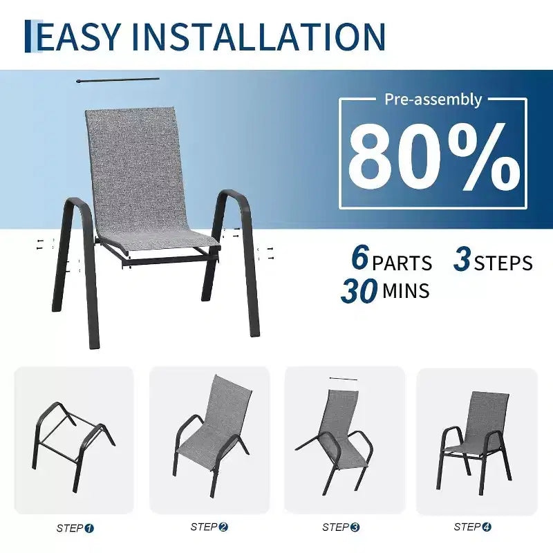 Chaises de patio, ensemble de 4 ou 6 chaises de salle à manger d’extérieur empilables, légères et résistantes à toutes les intempéries, en textilène, avec accoudoirs, pour jardin et terrasse de piscine