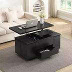 Table basse moderne multifonctionnelle relevable avec rangement dissimulé, 4 tabourets et roulettes, idéale pour les espaces de vie modernes