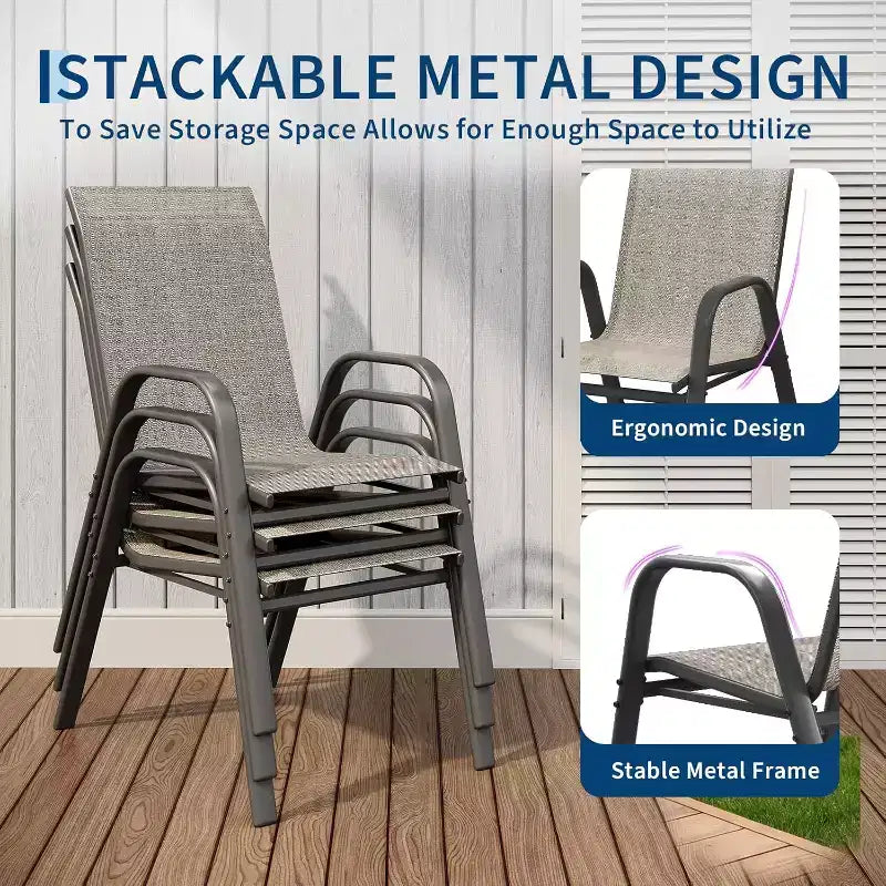Chaises de patio, ensemble de 4 ou 6 chaises de salle à manger d’extérieur empilables, légères et résistantes à toutes les intempéries, en textilène, avec accoudoirs, pour jardin et terrasse de piscine