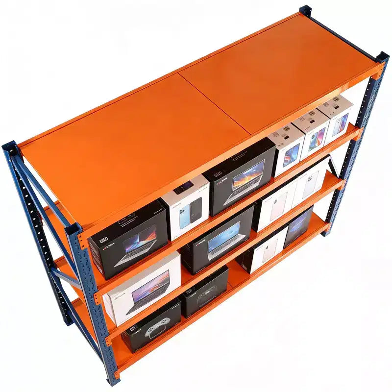 Étagères de garage robustes VIYET, rayonnage métallique réglable à 4 niveaux d’une capacité de 4 400 lb, rangement industriel bleu et orange pour magasin commercial, outils et salle de sport