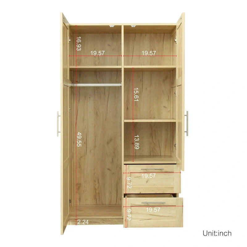 Armoire-penderie en bois blanc avec portes, tiroirs et tringle