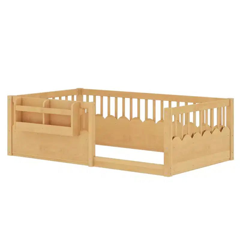 Bellemave Kids Floor Bed with Heightened Fence and Bookshelf, Wooden Twin Montessori Bed Frame for Girls Boys