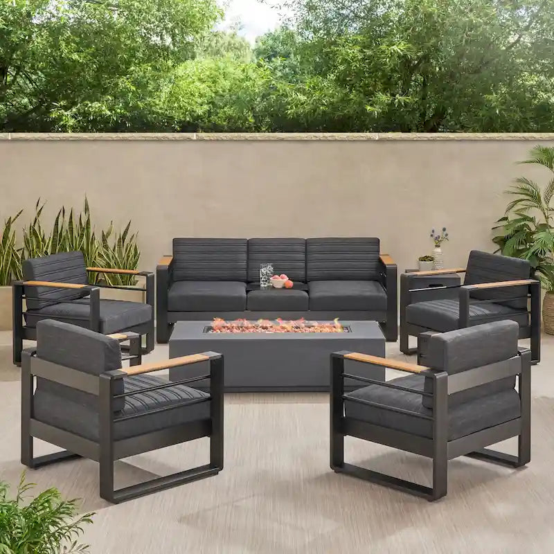 Giovanna aluminium loungeset voor buiten voor 7 personen met vuurkorf van Christopher Knight Home