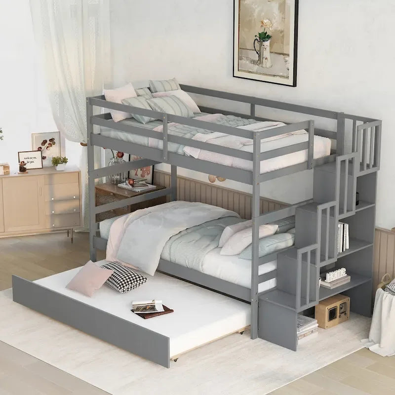 Lits superposés jumeaux avec lit gigogne jumeau et rangements dans l’escalier, coloris gris