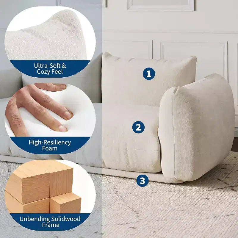 Modulaire loveseatbank van chenillestof, 2-zits wolkbank met zeer veerkrachtige sponsvulling, compacte bank zonder poten voor kleine ruimtes