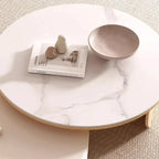 Moderne ronde salontafel, stenen tafelblad, natuurlijk hout - 50 x 31,5