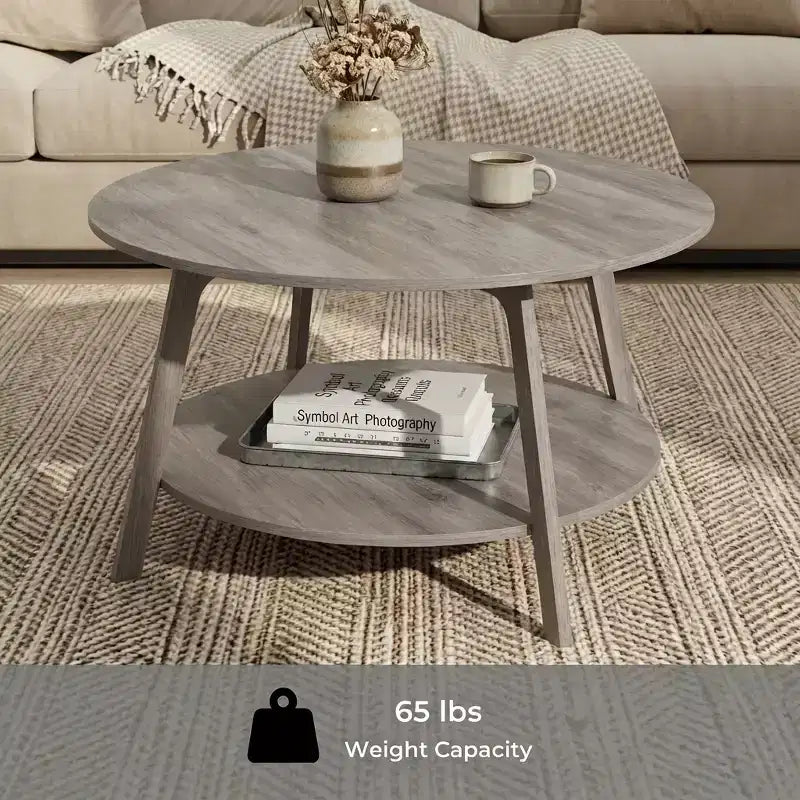Honingbruine ronde salontafel met 2 opbergniveaus, 31,5 x 17,7 inch, ideaal voor de woonkamer
