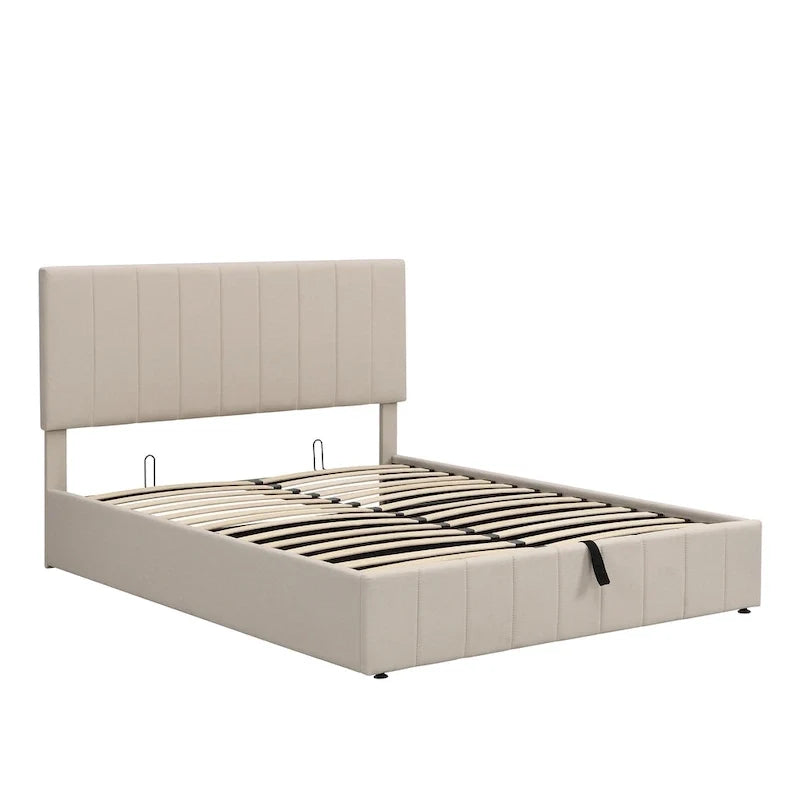 Lit plateforme queen-size rembourré avec système de rangement hydraulique - beige