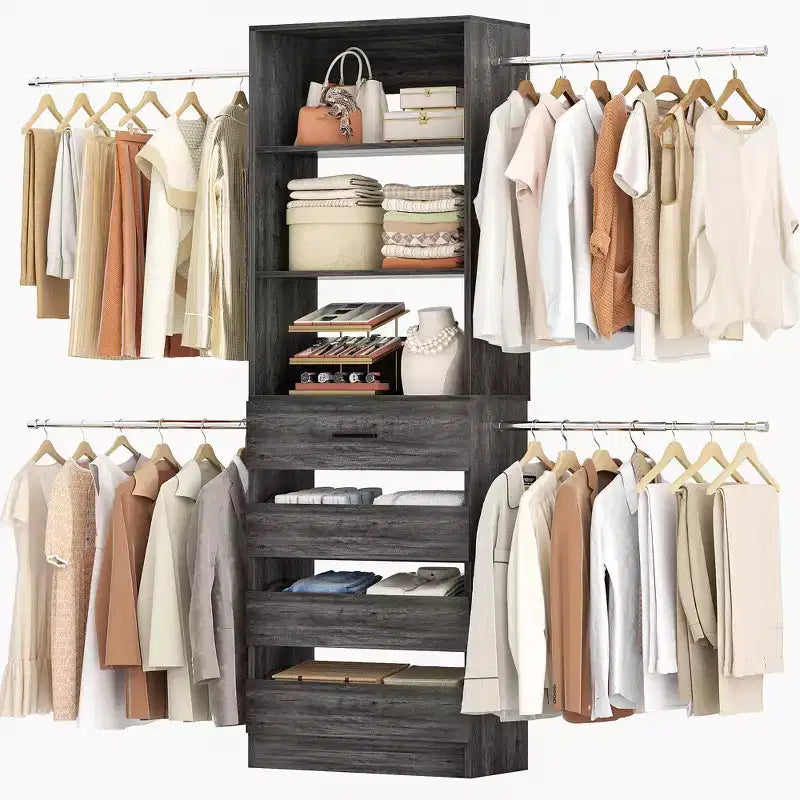 Besiost Holz-Kleiderschrank-Organizersystem für 1,2–2,7 m mit 4 Schubladen, 4 Kleiderstangen und Regaltürmen
