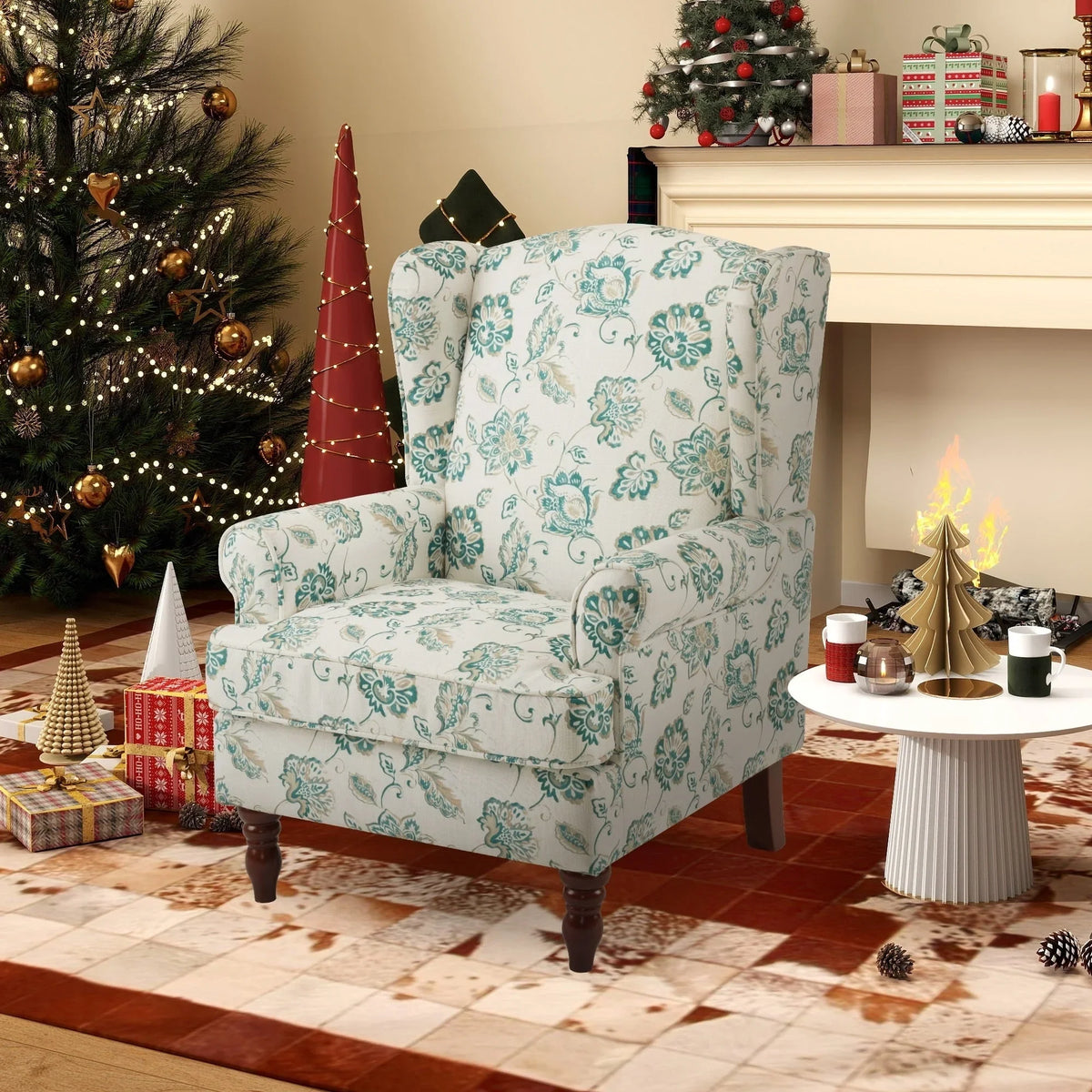 Erommy moderne accentstoel, fauteuil met hoge rugleuning, gestoffeerde stoffen fauteuil met knopen en houten poten voor de woonkamer