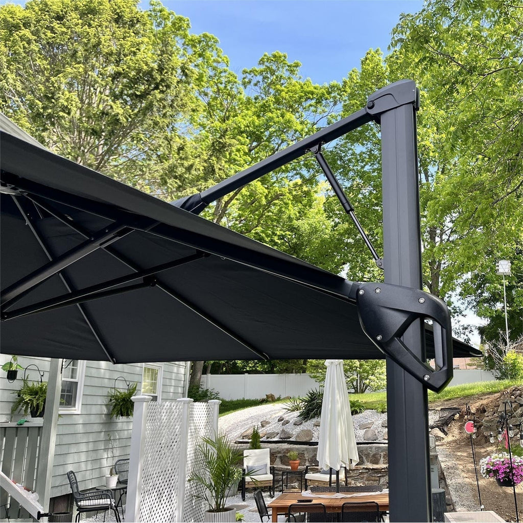 MAISON ARTS Parasol déporté hydraulique automatique de 12 pieds, mât en aluminium, rotation à 360 degrés