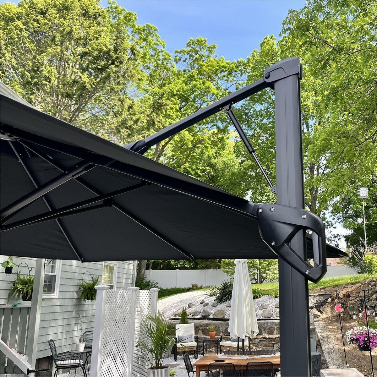 MAISON ARTS Parasol déporté hydraulique automatique de 12 pieds, mât en aluminium, rotation à 360 degrés