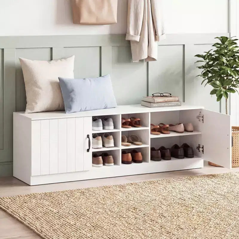 2-Door Shoe Bench wirh Adjustable Shelves Hidden Storage Space Natural + White/Whi5te