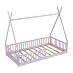 Bodenbett für Kinder, Zeltbett in Einzelgröße, Montessori-Bodenbett mit Lattenrost und Schutzgittern, Holzhaus-Bettrahmen für Jungen und Mädchen