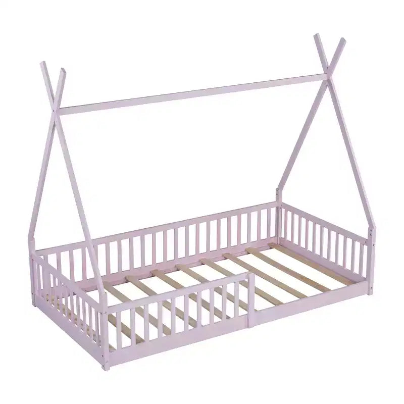 Bodenbett für Kinder, Zeltbett in Einzelgröße, Montessori-Bodenbett mit Lattenrost und Schutzgittern, Holzhaus-Bettrahmen für Jungen und Mädchen