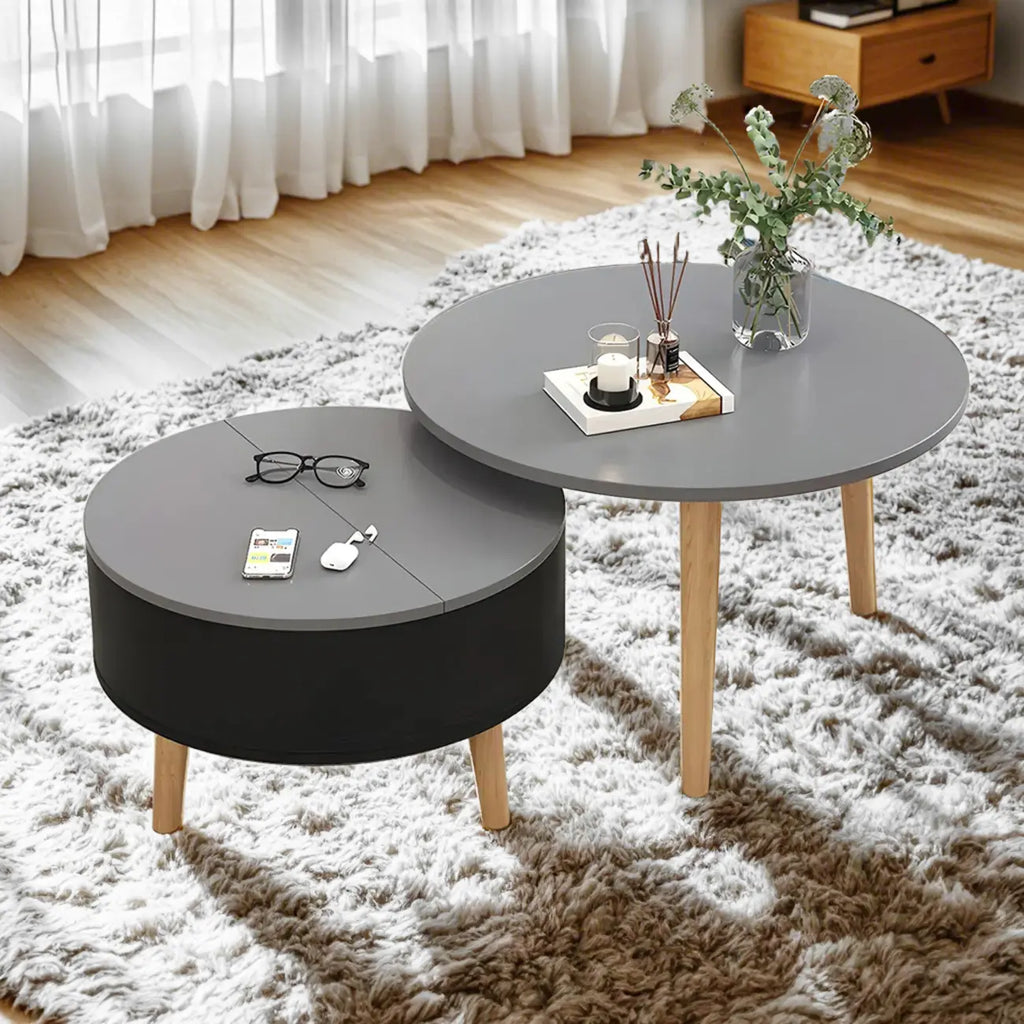 Moderner runder Couchtisch aus schwarzem und weißem Holz mit Stauraum