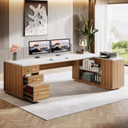 Grand bureau de direction en L Lantine 85.8, bureau d’ordinateur extra-large avec tiroirs pour dossiers, pour bureau à domicile