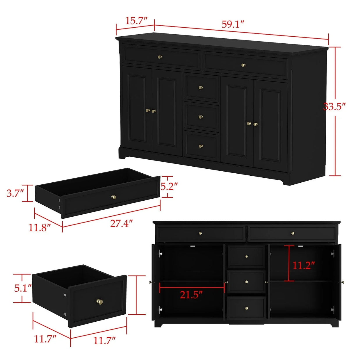 59,1-inch wit buffetdressoir, modern uit het midden van de eeuw, eigentijds, gelakt