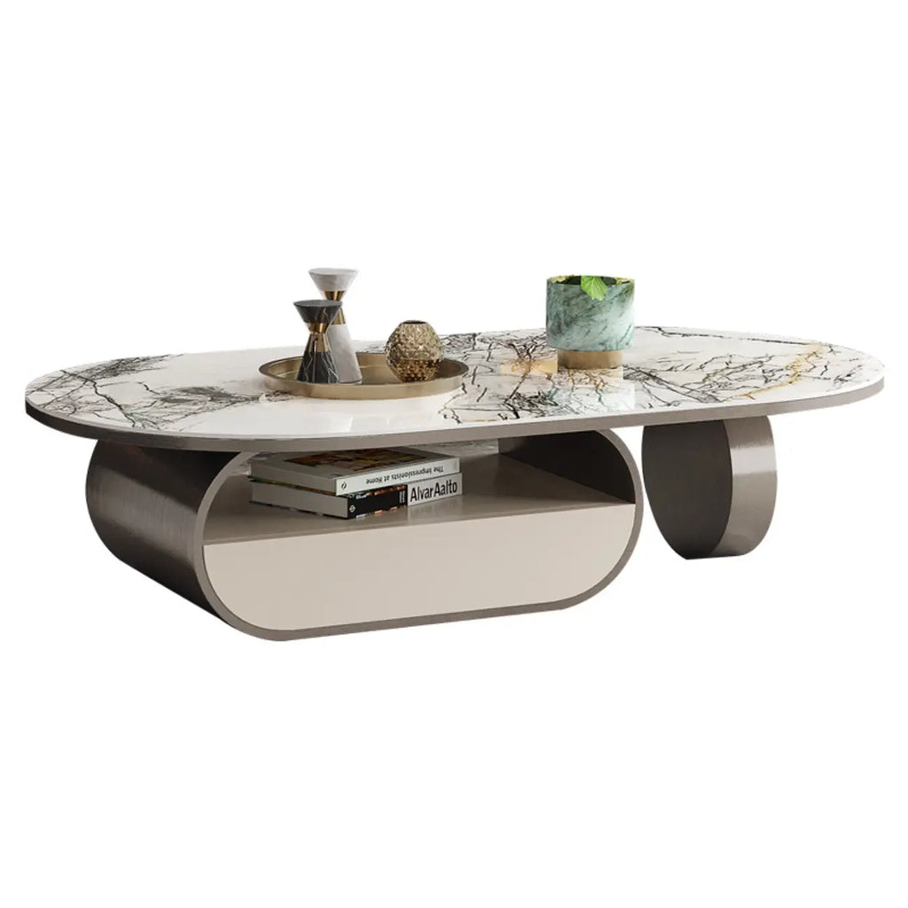 Contemporary Unique Marble Top Oval Coffee Table with Drawer
