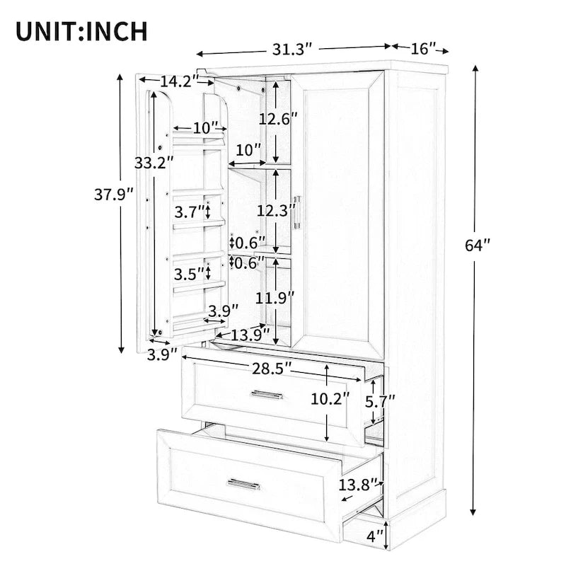 Armoire haute de rangement pour salle de bains, avec deux portes et tiroirs, étagère réglable, panneau MDF