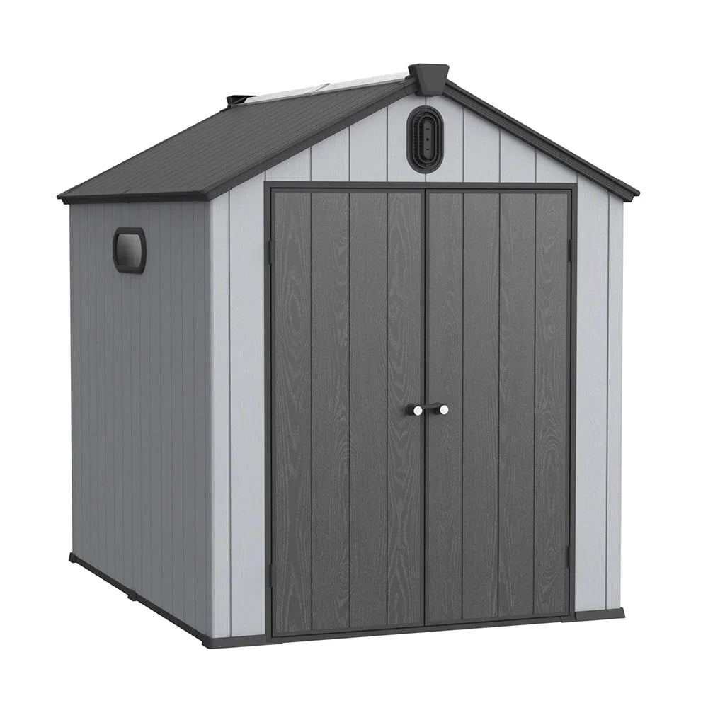 Opslagschuur van 6 ft x 4 ft/6 ft x 8 ft/8 ft x 6 ft/8 ft x 10 ft, weerbestendig kunststofhars voor buiten met vloer, gereedschapsschuur met puntdak