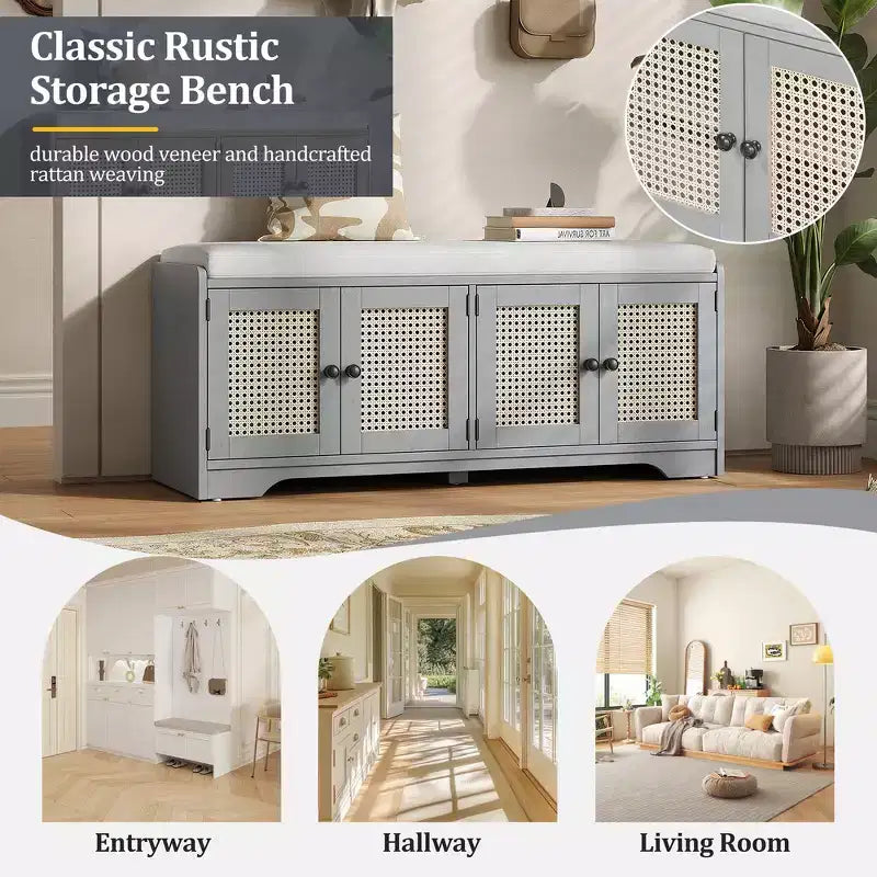 Banc de rangement rustique en bois Whisen, banc à chaussures pour entrée avec coussin amovible et étagères réglables