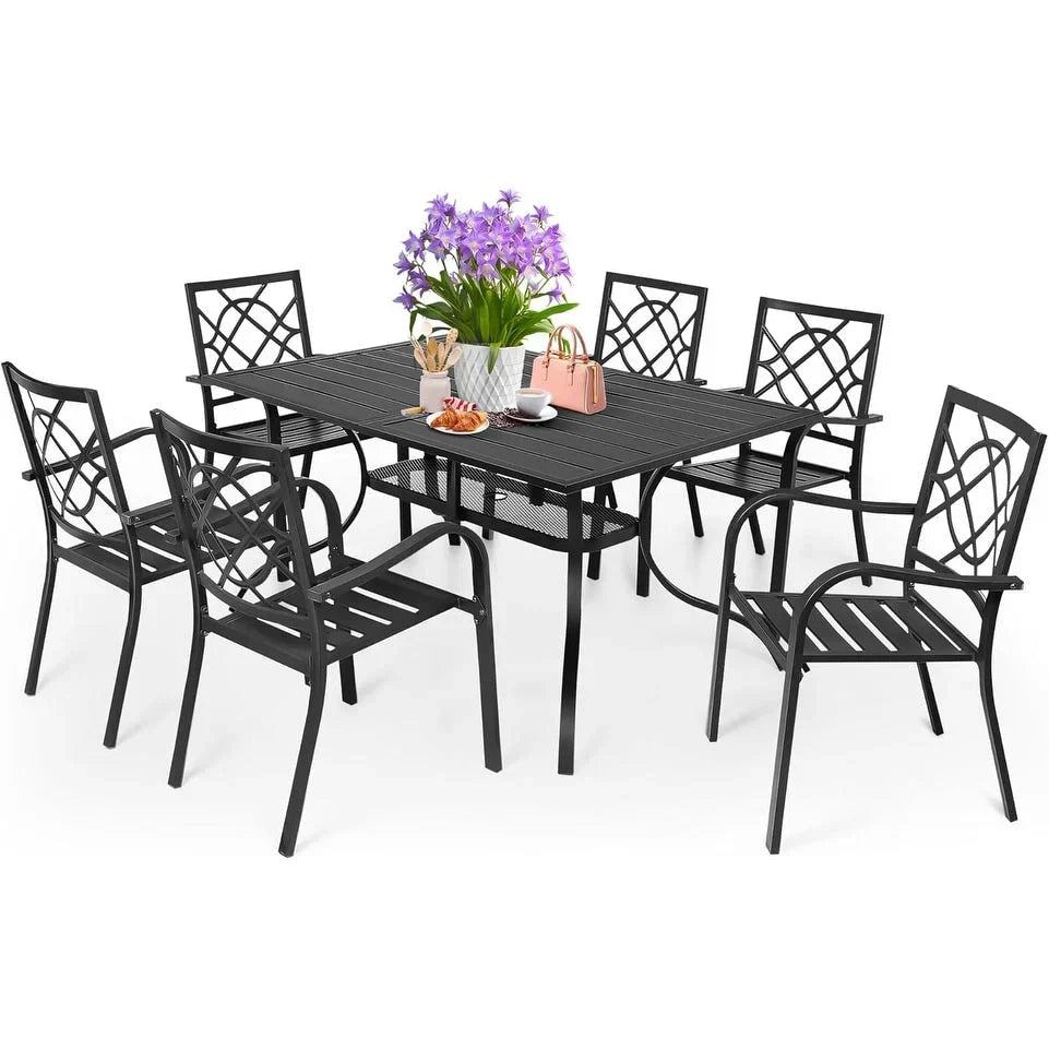 SUNCROWN 5/7-delige stalen tuin-eetsets, metalen tafel met lattenblad en stapelbare stoelen, gepoedercoat frame