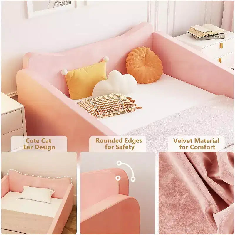 JOYMOR-Kinderbett, Bodenbett mit Sicherheitsgitter, Montessori-Kinderbett mit Tierohren-Formen, Rosa