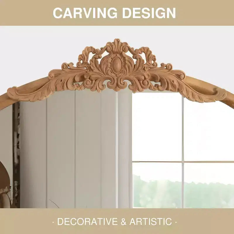 Miroir mural avec cadre en bois en forme d’arche classique sculptée et partie inférieure en rotin, marron, 37 in. W x 71 in. H