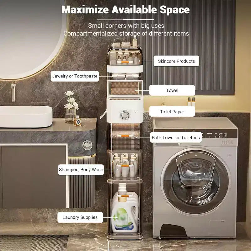 Smalle badkamerkast, smalle opbergkast met 7 niveaus, waterdichte opbergers, tissuedooshouder en wielen, ideaal voor badkamer, keuken en wasruimte