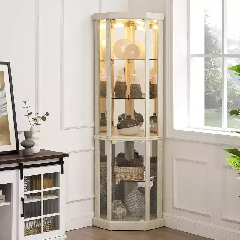 Hoekvitrinekast met glazen deuren en planken, hoekdisplaykast voor de woonkamer